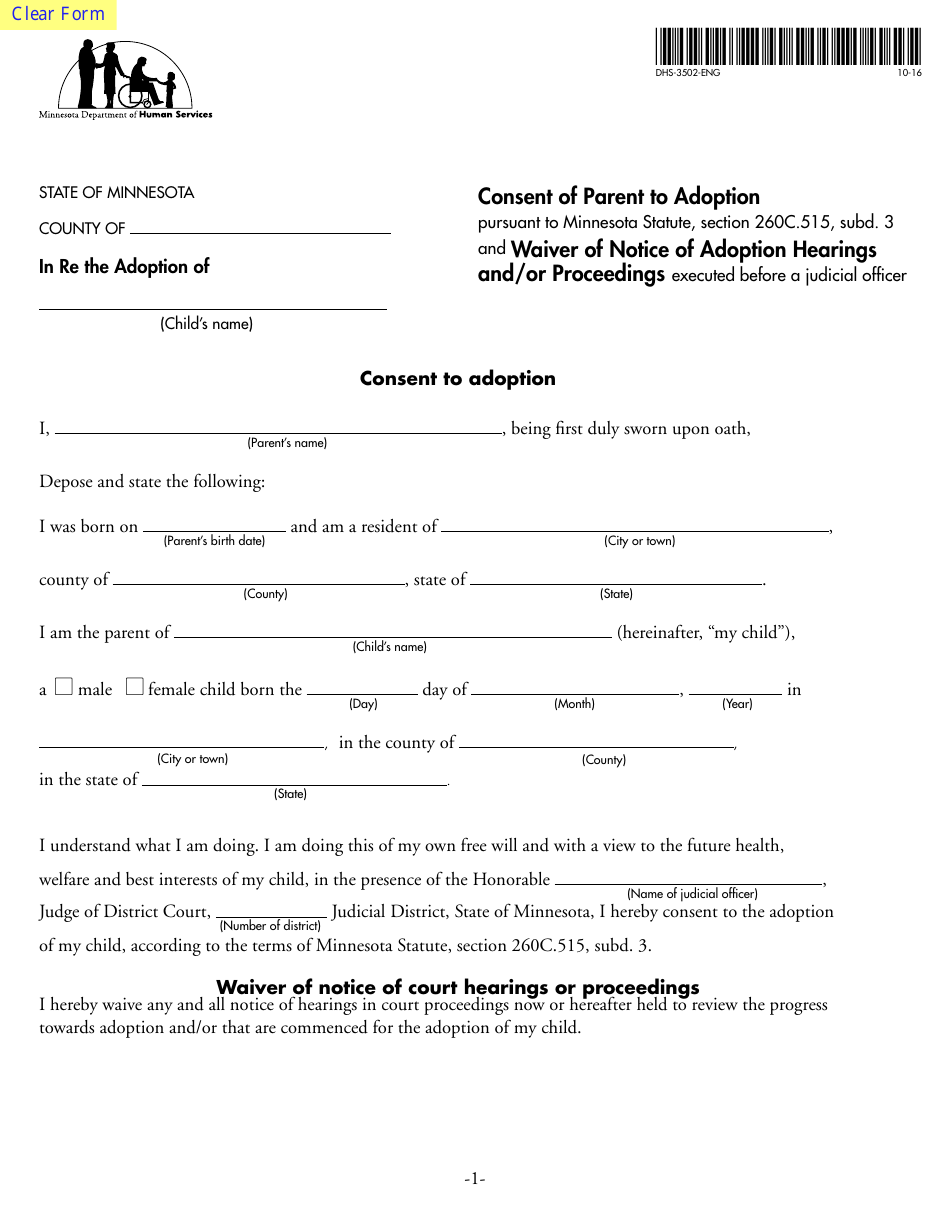 Form DHS-3502-ENG Consent of Parent to Adoption (Pursuant to Minnesota Statues, Section 260c.515, Subd. 3) and Waiver of Notice of Adoption Hearings and/or Proceedings Executed Before a Judicial Officer - Minnesota, Page 1