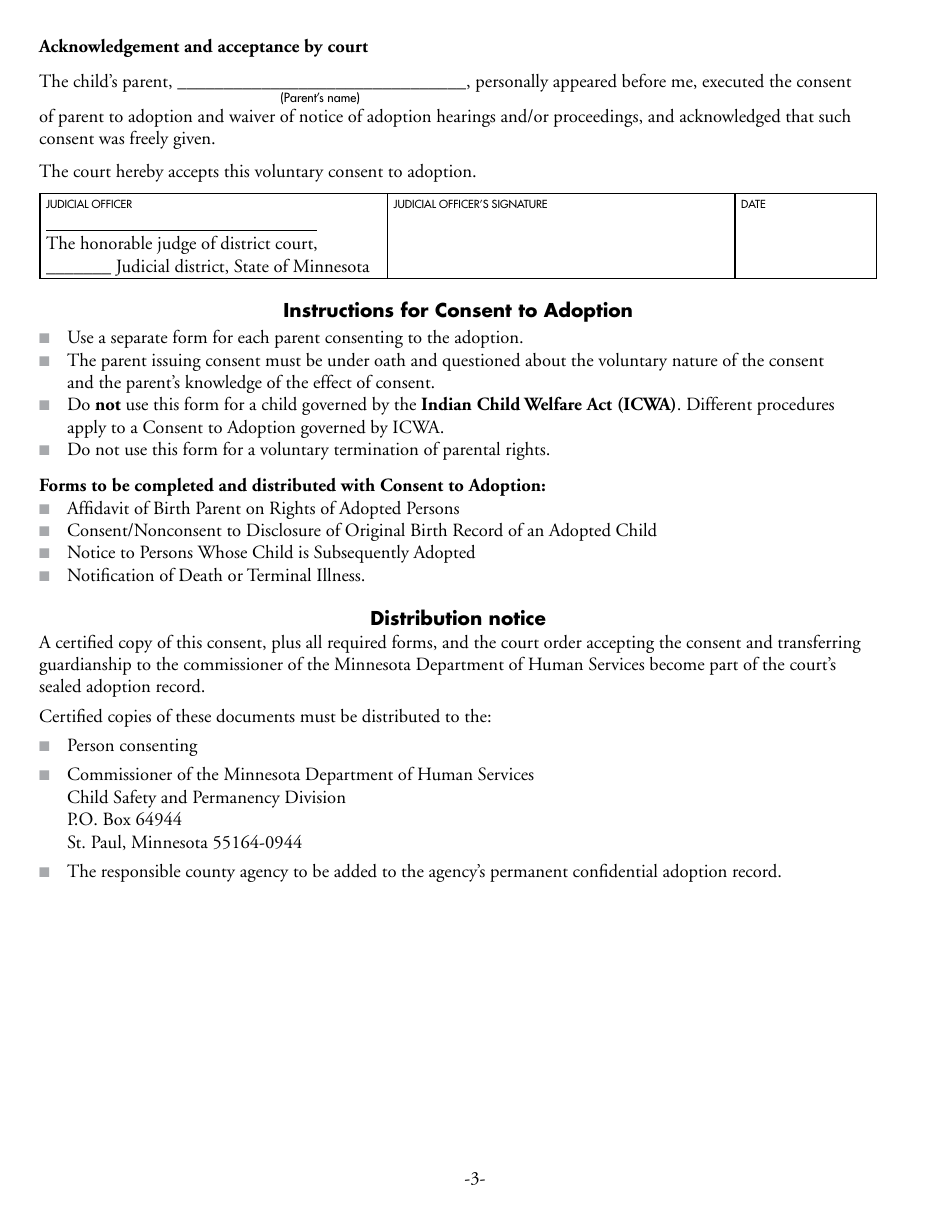 Form DHS-3502-ENG Consent of Parent to Adoption (Pursuant to Minnesota Statues, Section 260c.515, Subd. 3) and Waiver of Notice of Adoption Hearings and / or Proceedings Executed Before a Judicial Officer - Minnesota, Page 3