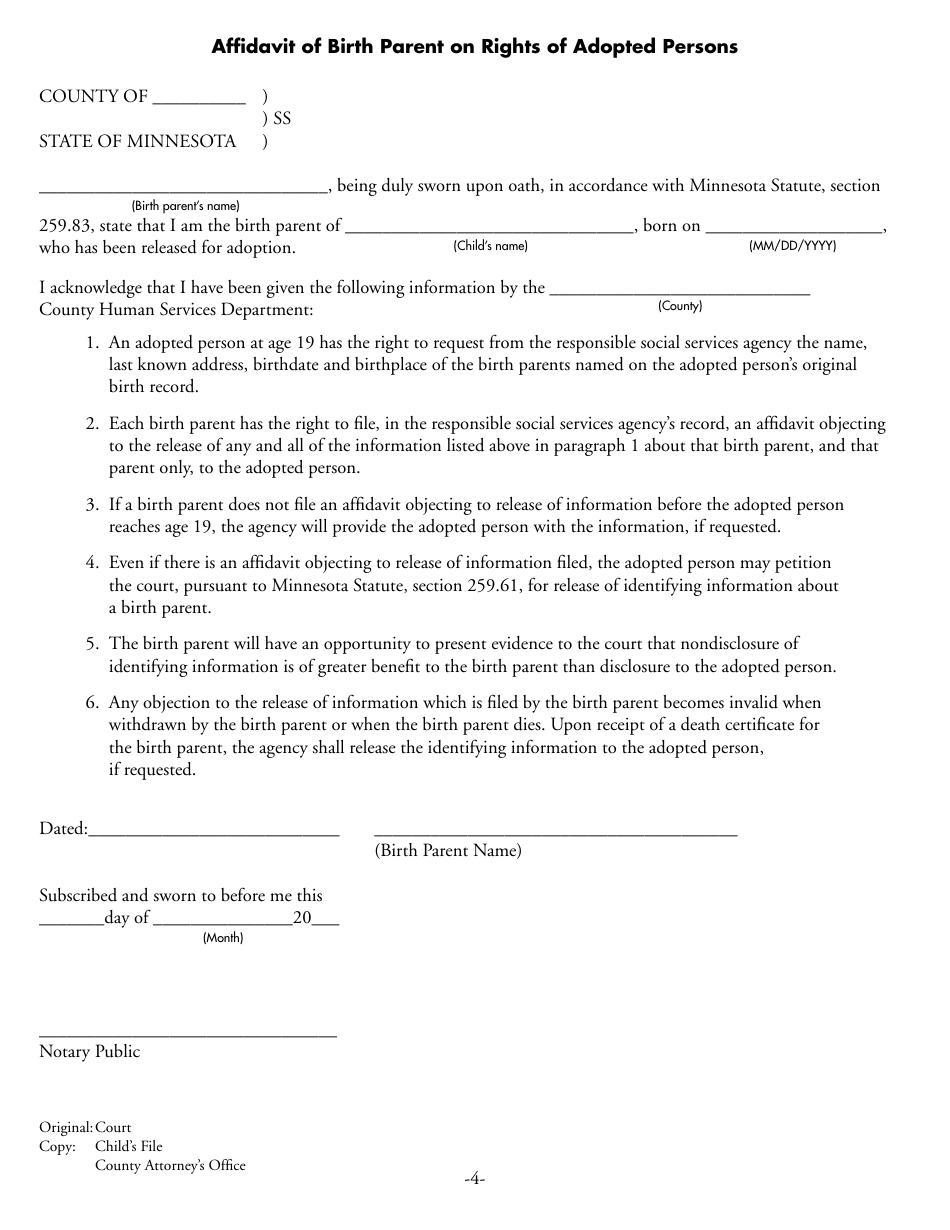 Form DHS-3502-ENG Consent of Parent to Adoption (Pursuant to Minnesota Statues, Section 260c.515, Subd. 3) and Waiver of Notice of Adoption Hearings and / or Proceedings Executed Before a Judicial Officer - Minnesota, Page 4