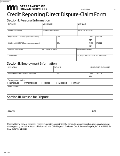Form DHS-7656-ENG Credit Reporting Direct Dispute-Claim Form - Minnesota