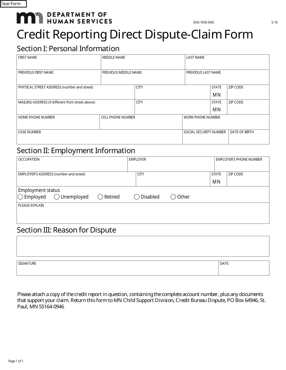 Form DHS-7656-ENG Credit Reporting Direct Dispute-Claim Form - Minnesota, Page 1