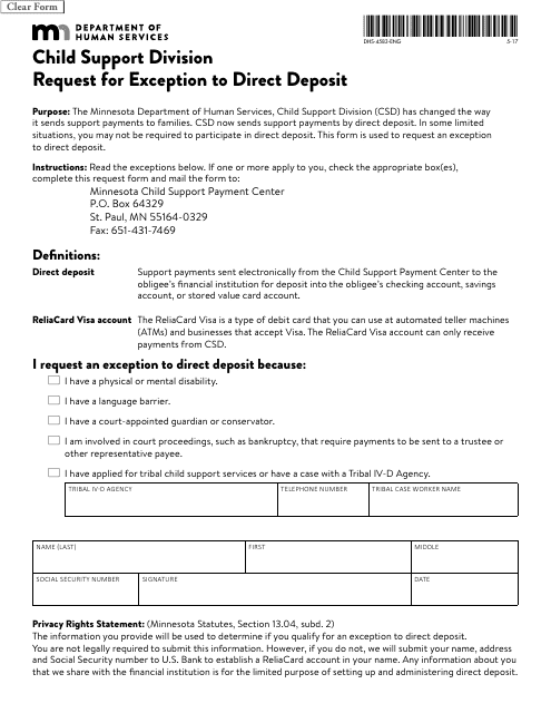 Form DHS-4583-ENG Child Support Division Request for Exception to Direct Deposit - Minnesota