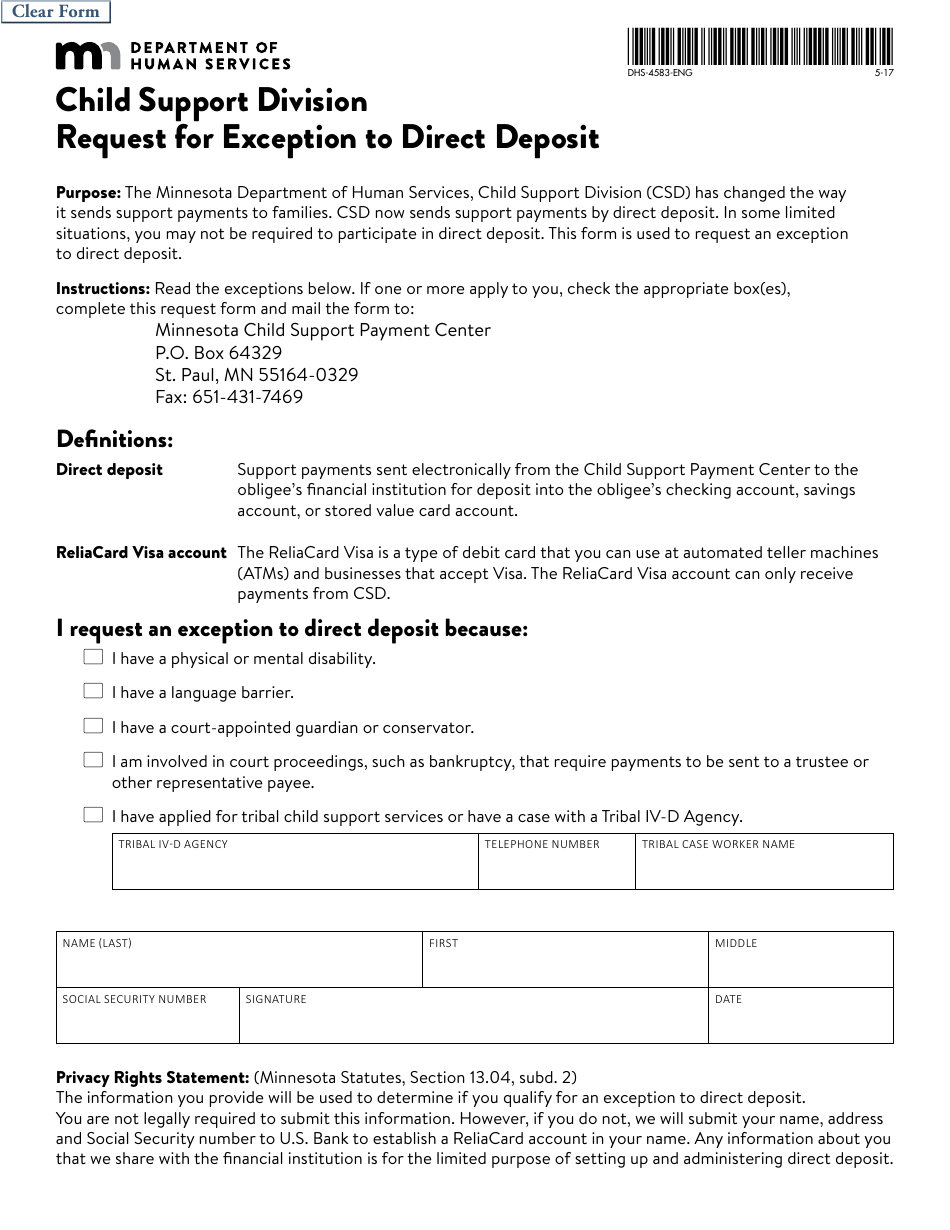 Form DHS-4583-ENG Child Support Division Request for Exception to Direct Deposit - Minnesota, Page 1