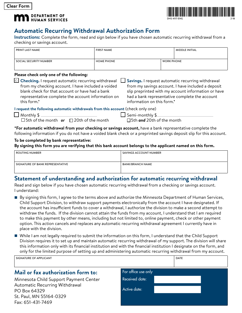 Form DHS-4117-ENG Automatic Recurring Withdrawal Authorization Form - Minnesota, Page 4