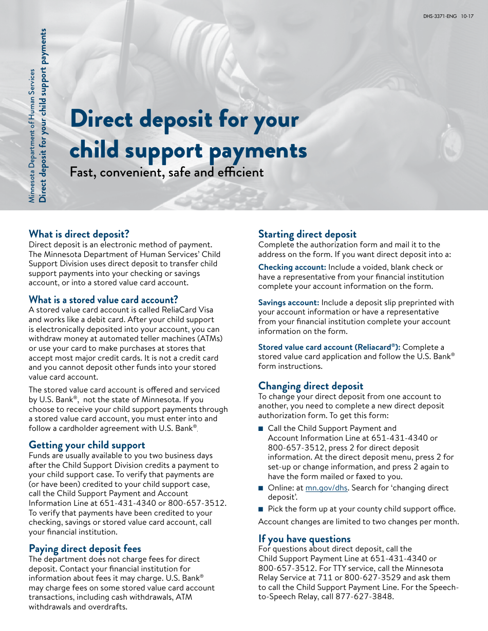 Form DHS-3371-ENG Direct Deposit for Your Child Support Payments - Minnesota, Page 1