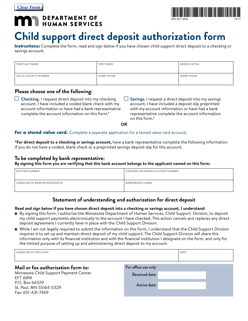 Form DHS-3371-ENG Direct Deposit for Your Child Support Payments - Minnesota, Page 3