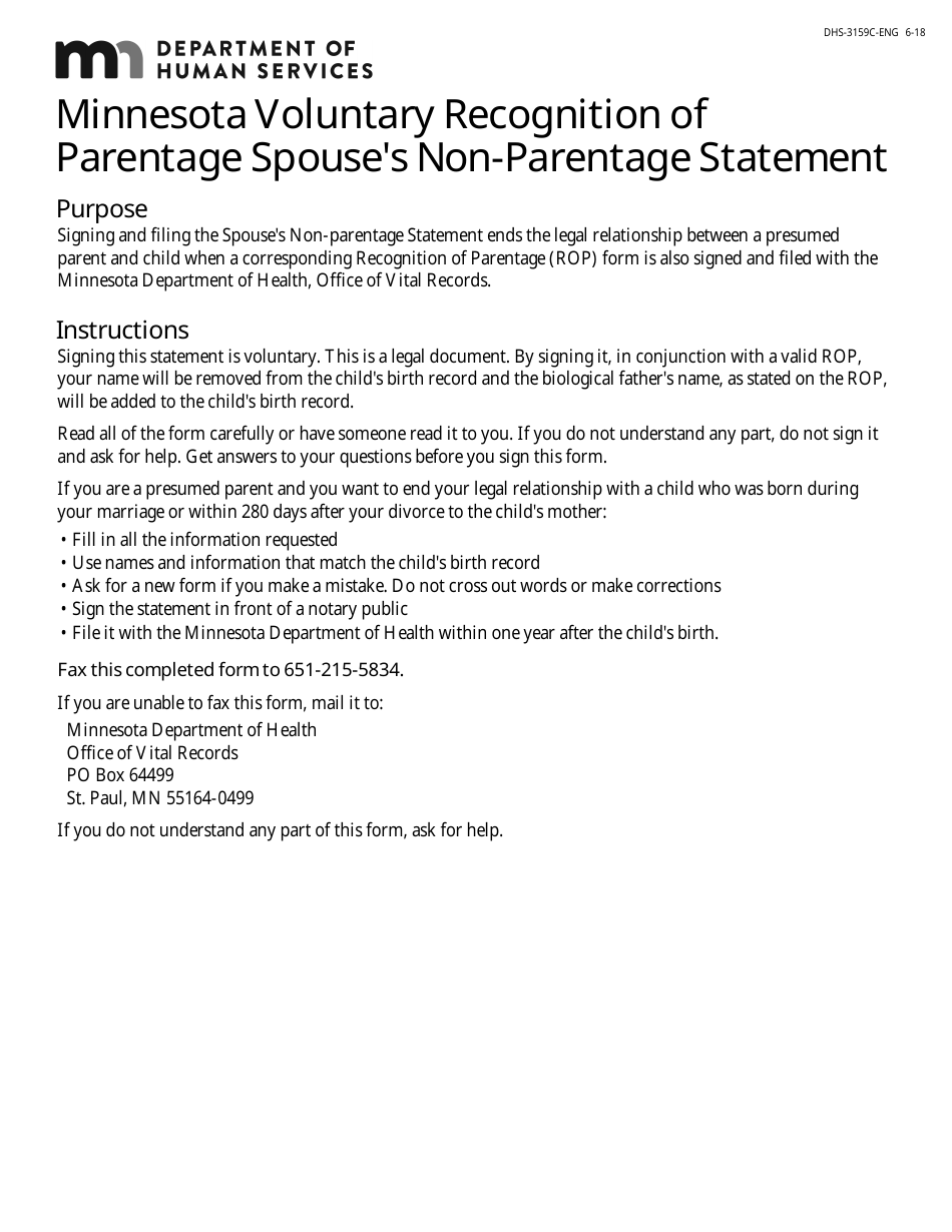 Form DHS-3159C-ENG Minnesota Voluntary Recognition of Parentage Spouses Non-parentage Statement - Minnesota, Page 1