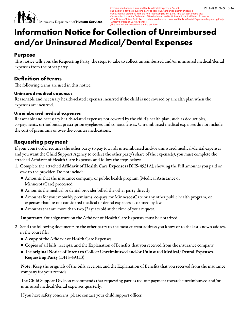 Form DHS-4931-ENG Unreimbursed and/or Uninsured Medical/Dental Expenses Packet - Minnesota, Page 1