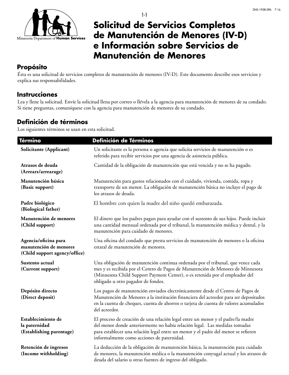Formulario DHS-1958-SPA Solicitud De Servicios Completos De Manutencion De Menores (IV-D) E Informacion Sobre Servicios De Manutencion De Menores - Minnesota (Spanish), Page 1