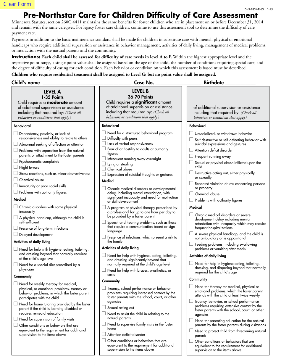 Form DHS-2834-ENG Pre-northstar Care for Children Difficulty of Care Assessment - Minnesota, Page 1
