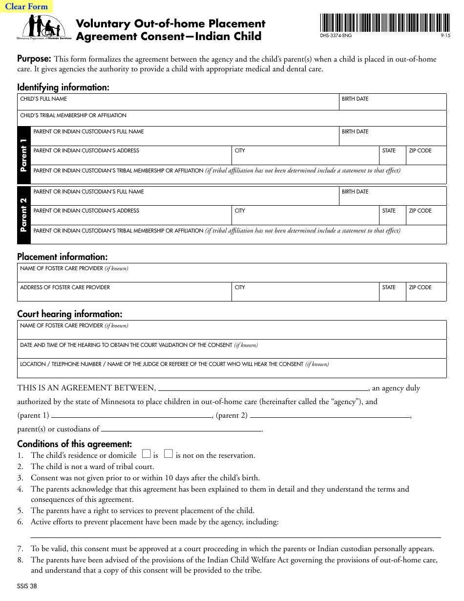 Form DHS-3374-ENG Voluntary out-Of-Home Placement Agreement Consent - Indian Child - Minnesota, Page 1