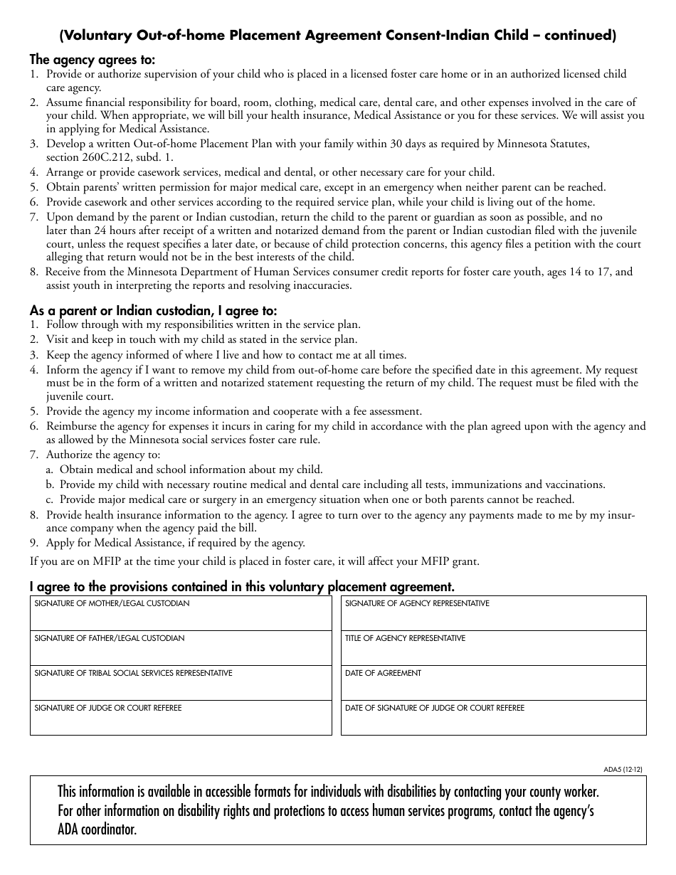 Form DHS-3374-ENG Voluntary out-Of-Home Placement Agreement Consent - Indian Child - Minnesota, Page 2