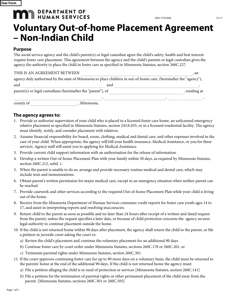 Form DHS-1776-ENG Voluntary out-Of-Home Placement Agreement - Non-indian Child - Minnesota, Page 1
