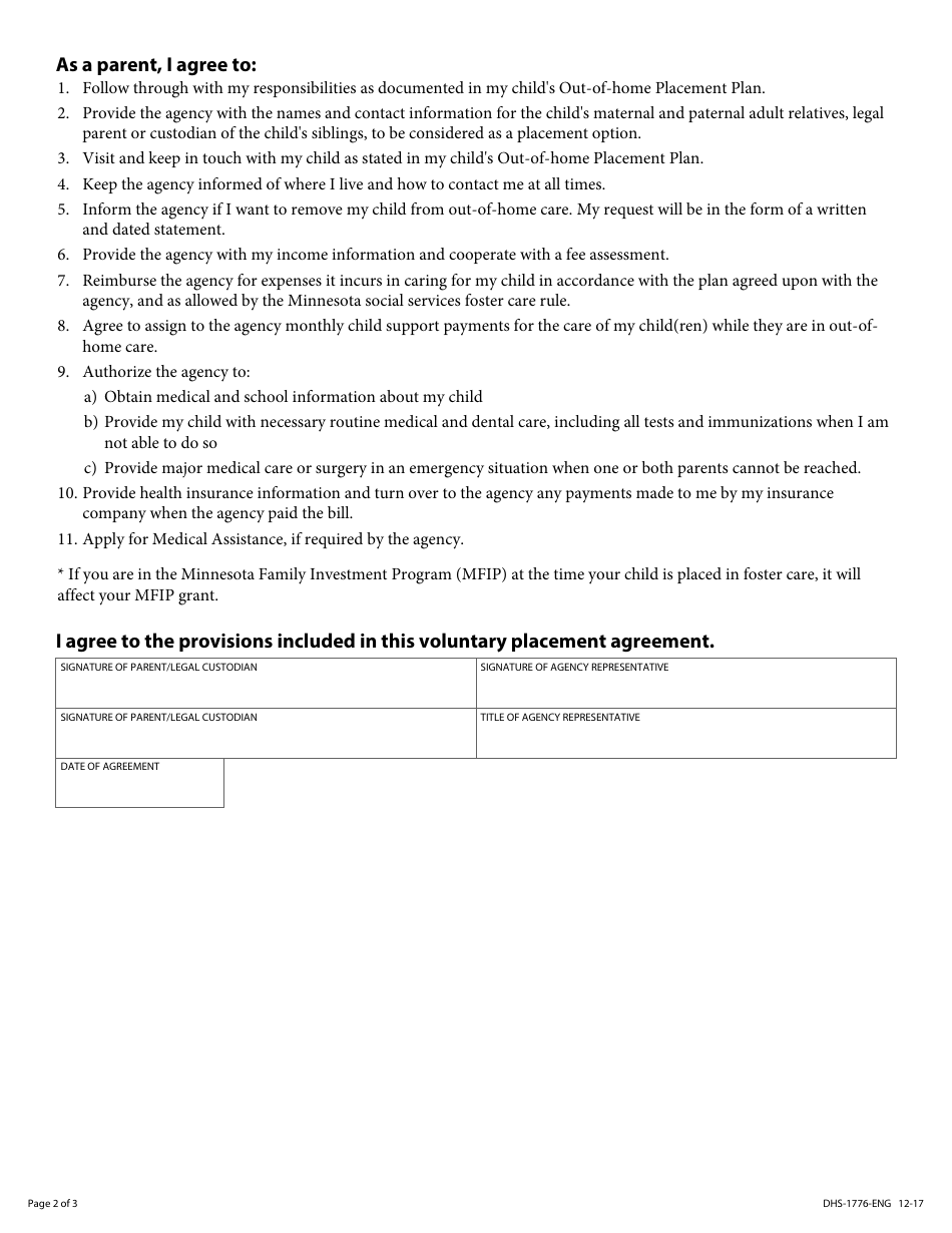 Form DHS-1776-ENG Voluntary out-Of-Home Placement Agreement - Non-indian Child - Minnesota, Page 2
