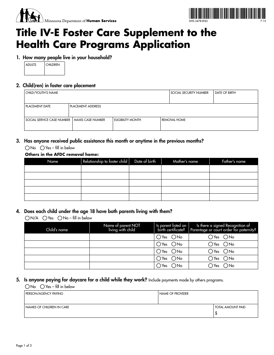 Form DHS-3478-ENG Title IV-E Foster Care Supplement to the Health Care Programs Application - Minnesota, Page 3