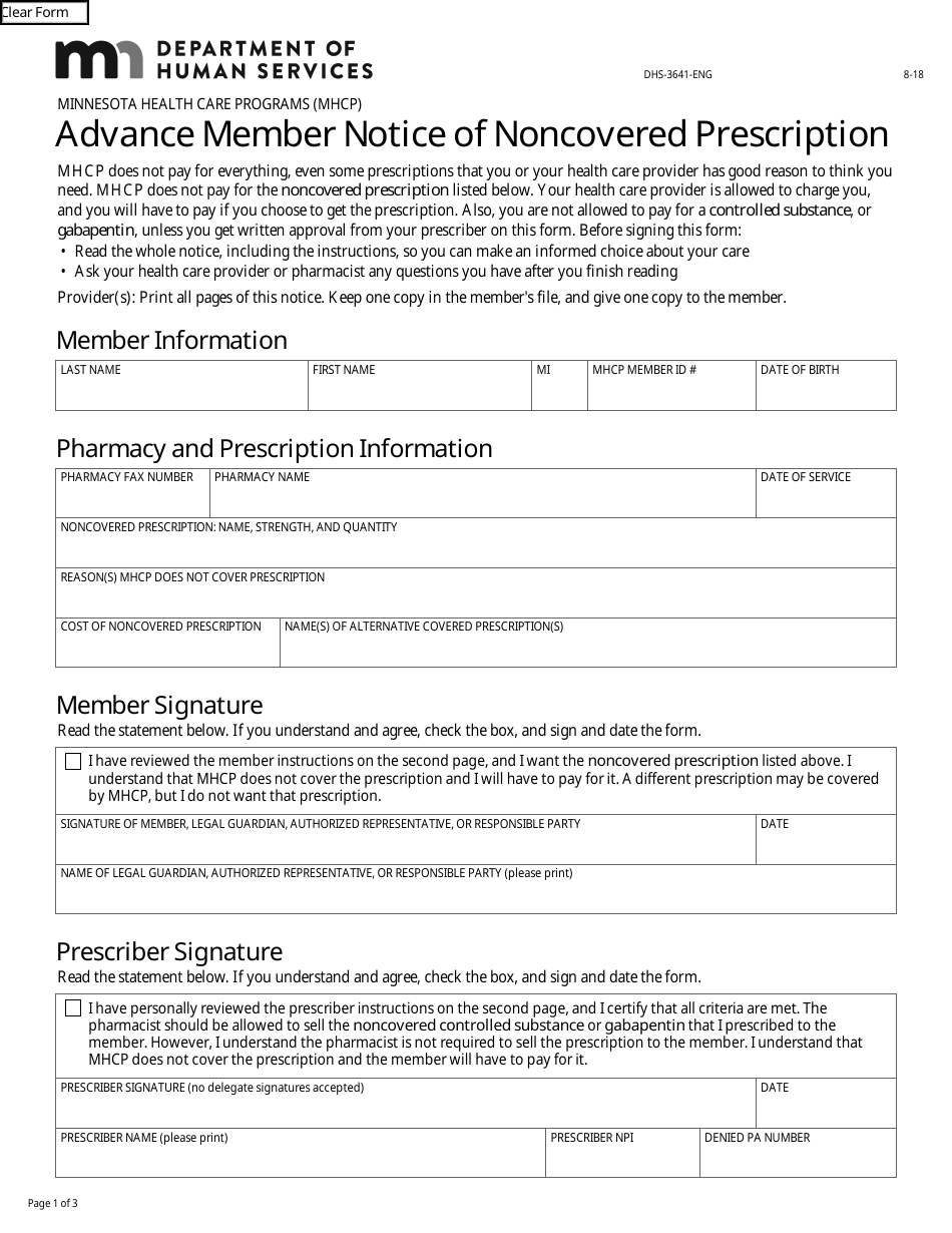 Form DHS-3641-ENG Advance Member Notice of Noncovered Prescription - Minnesota, Page 1