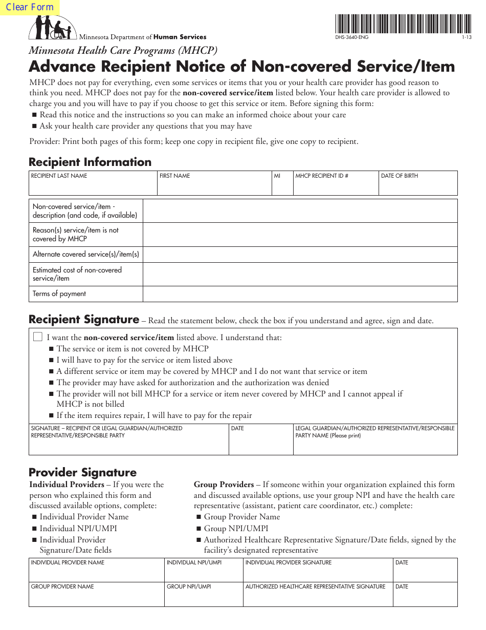 Form DHS-3640-ENG Advance Recipient Notice of Non-covered Service/Item - Minnesota, Page 1