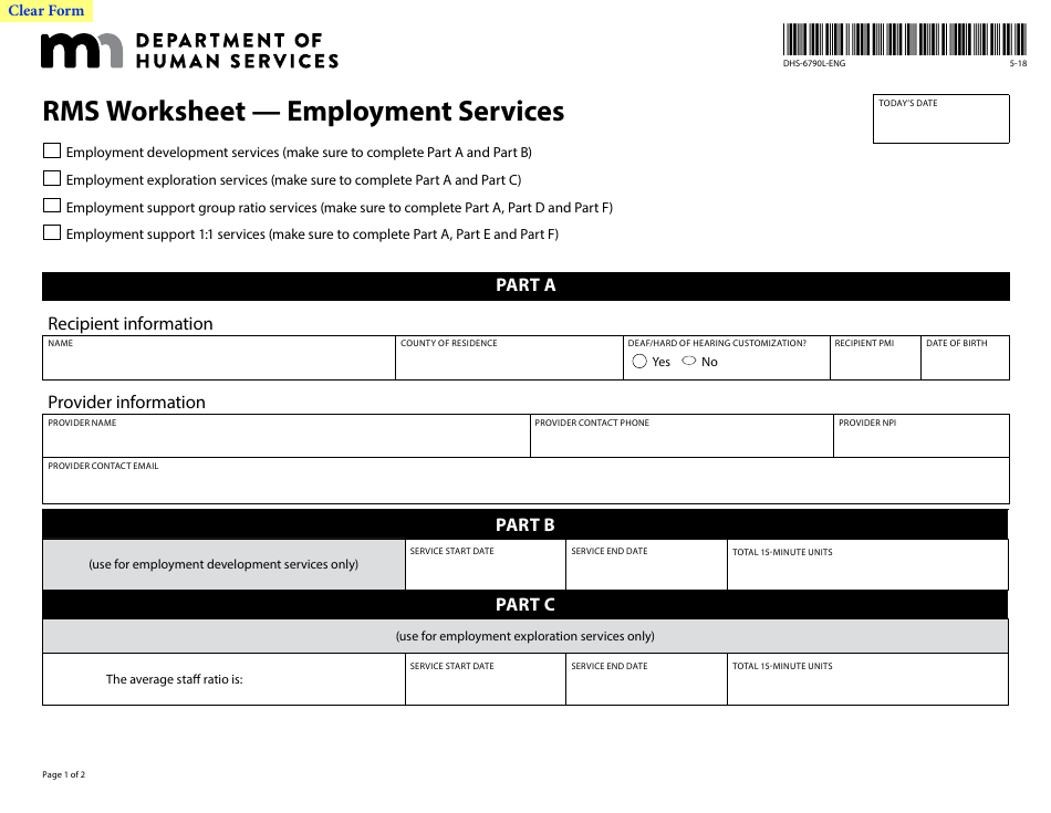 Form DHS-6790L-ENG Rms Worksheet - Employment Services - Minnesota, Page 1