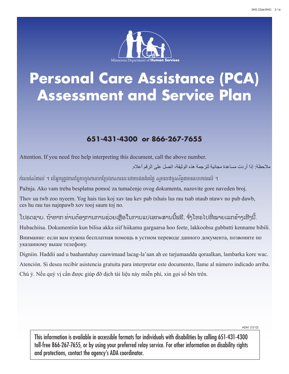 Form DHS-3244-ENG Pca Assessment and Service Plan - Minnesota, Page 1