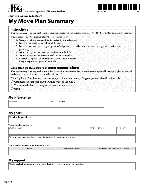 Form DHS-3936-ENG My Move Plan Summary - Minnesota