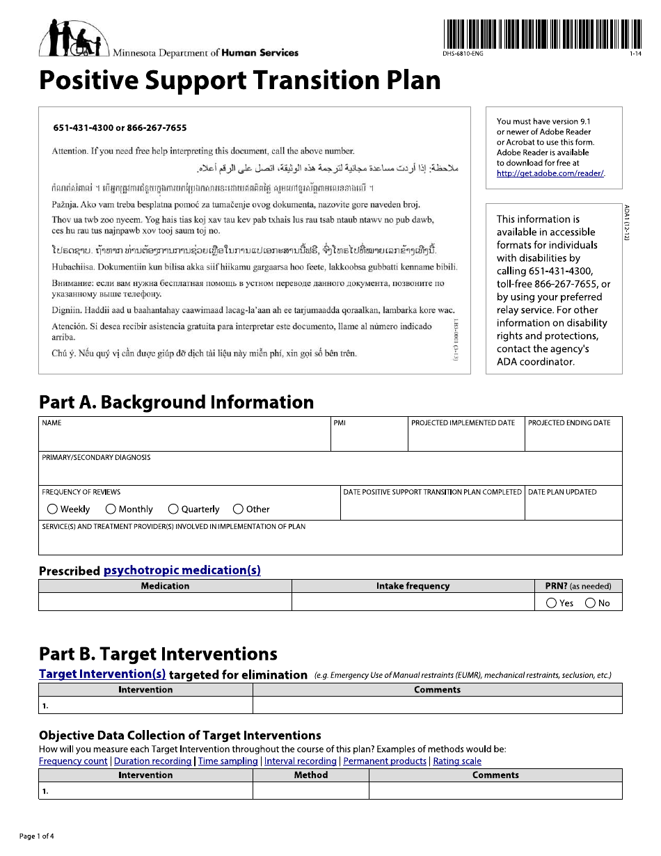 Form DHS-6810-ENG Positive Support Transition Plan - Minnesota, Page 1