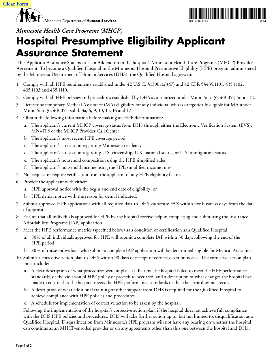 Form DHS-3887-ENG Hospital Presumptive Eligibility Applicant Assurance Statement - Minnesota, Page 1