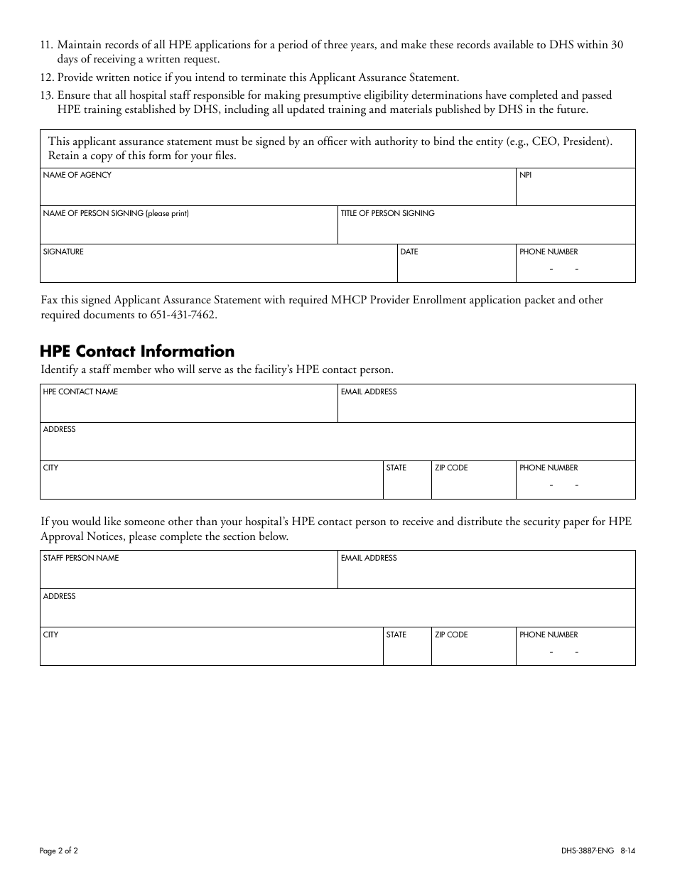 Form DHS-3887-ENG Hospital Presumptive Eligibility Applicant Assurance Statement - Minnesota, Page 2