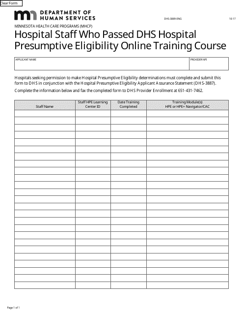 Form DHS-3889-ENG Hospital Staff Who Passed DHS Hospital Presumptive Eligibility Online Training Course - Minnesota