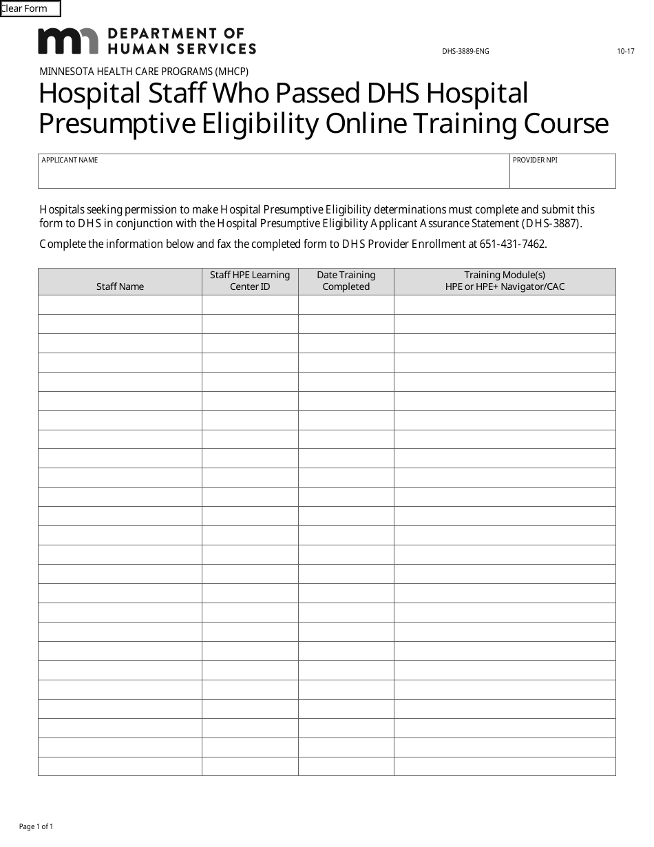Form DHS-3889-ENG Hospital Staff Who Passed DHS Hospital Presumptive Eligibility Online Training Course - Minnesota, Page 1