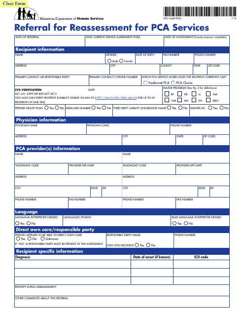 Form DHS-3244P-ENG Referral for Reassessment for Pca Services - Minnesota