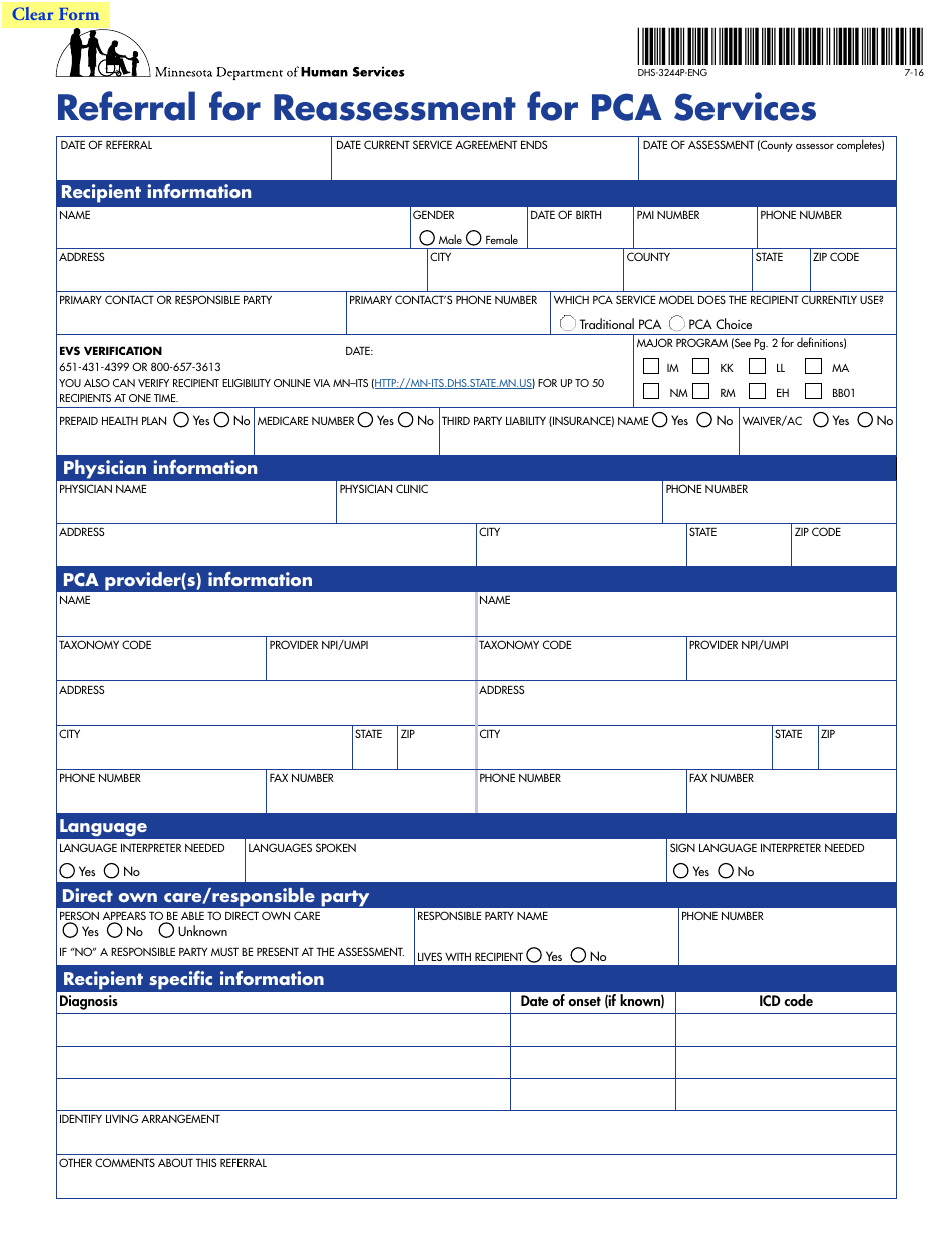 Form DHS-3244P-ENG Referral for Reassessment for Pca Services - Minnesota, Page 1