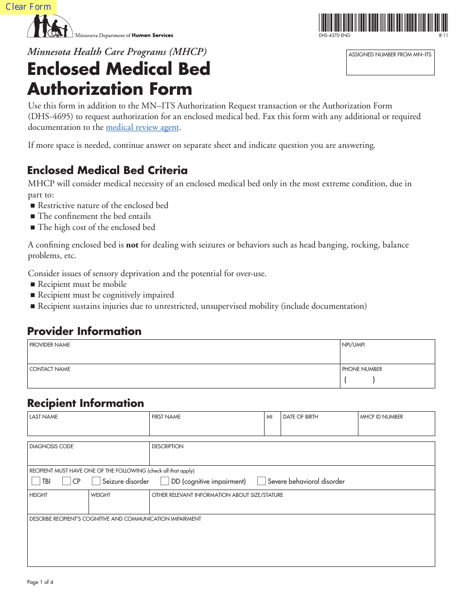 Form DHS-4370-ENG Enclosed Medical Bed Authorization Form - Minnesota, Page 1