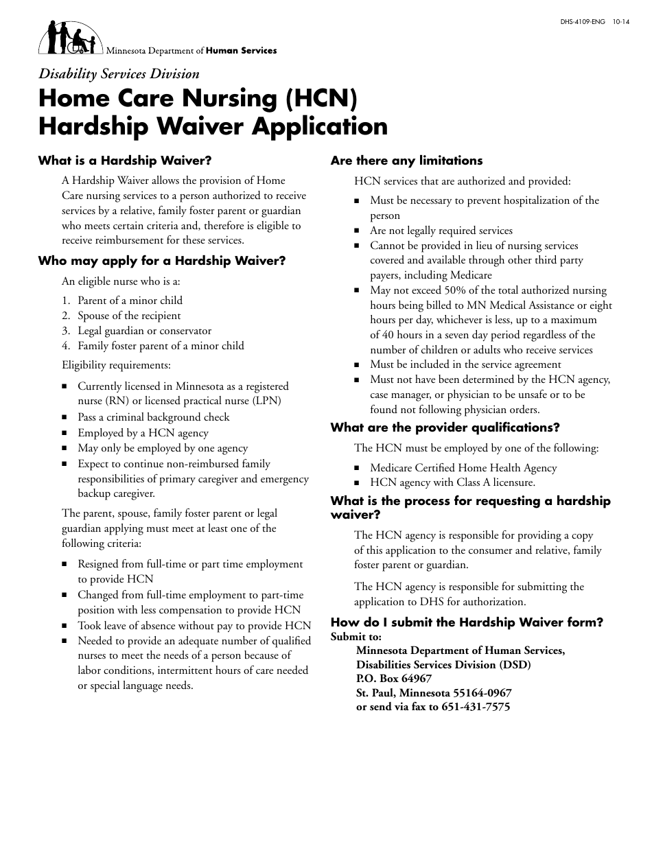 Form DHS-4109-ENG Hcn Hardship Waiver Application Form - Minnesota, Page 1