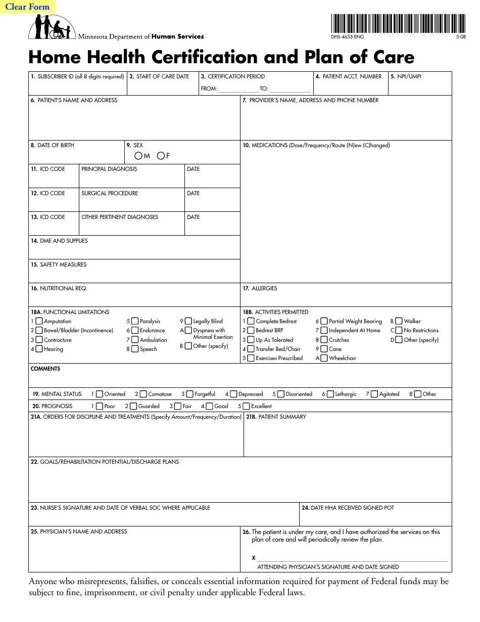 Form DHS-4633-ENG Home Health Certification and Plan of Care - Minnesota, Page 1