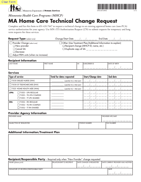 Form DHS-4074-ENG Ma Home Care Technical Change Request - Minnesota