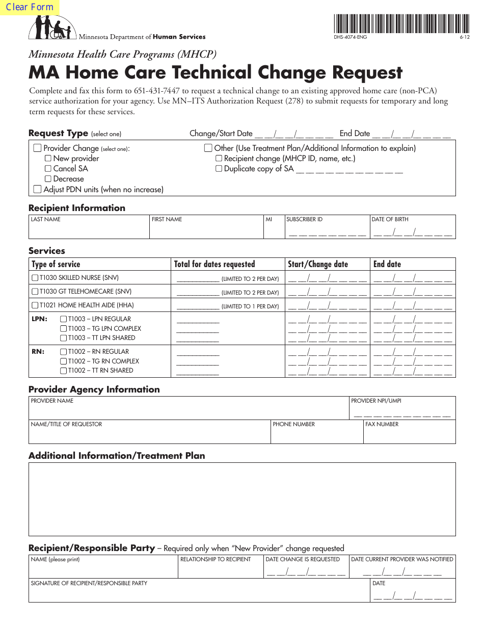 Form DHS-4074-ENG Ma Home Care Technical Change Request - Minnesota, Page 1