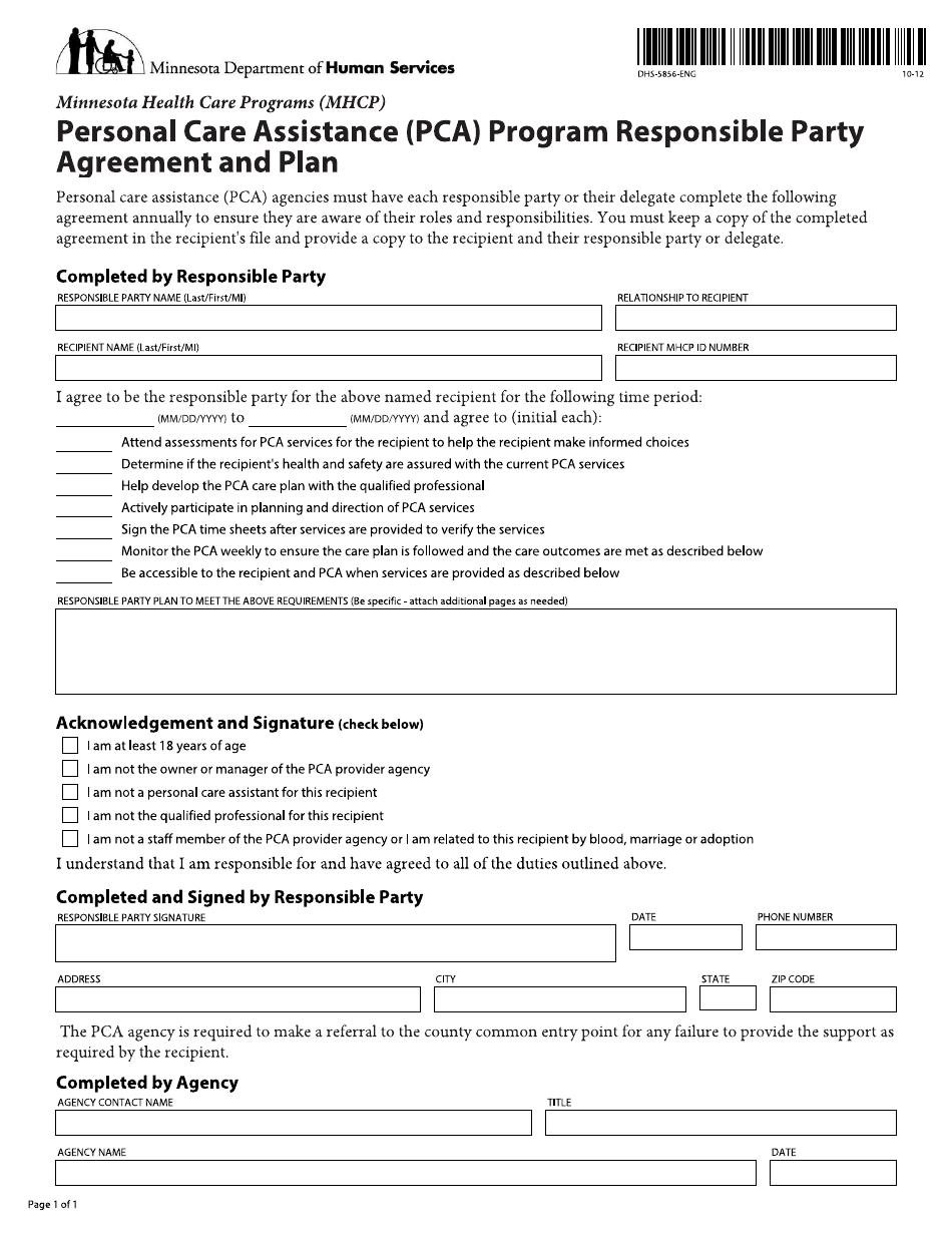 Form DHS-5856-ENG Personal Care Assistance (Pca) Program Responsible Party Agreement and Plan - Minnesota, Page 1