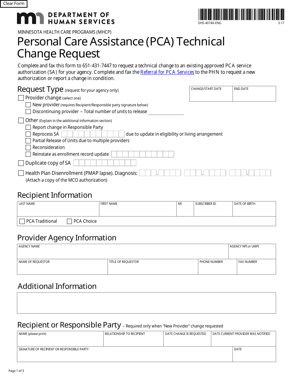 Form DHS-4074A-ENG Personal Care Assistance (Pca) Technical Change Request - Minnesota, Page 1