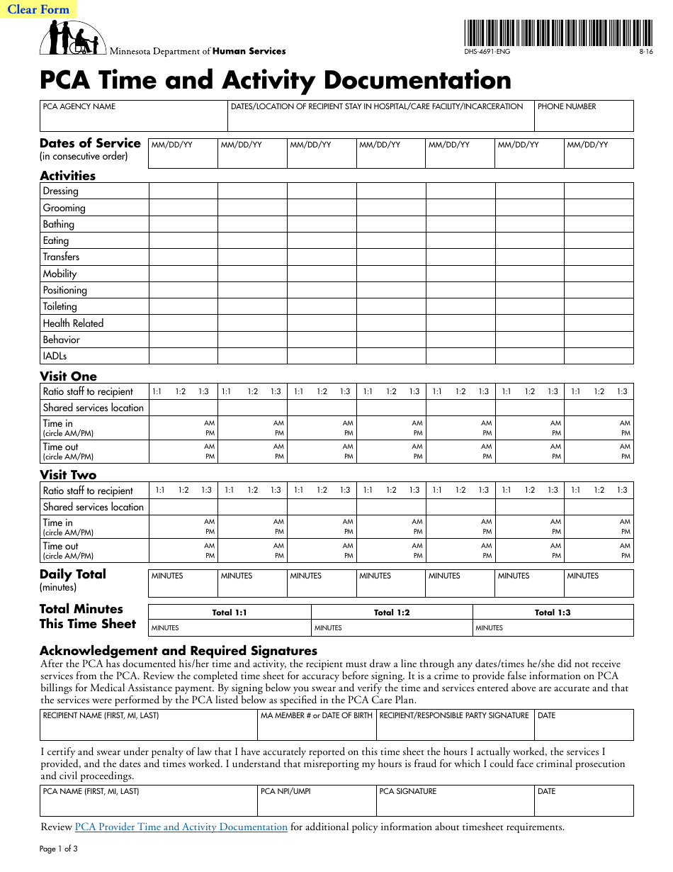 Form DHS-4691-ENG Pca Time and Activity Documentation - Minnesota, Page 1