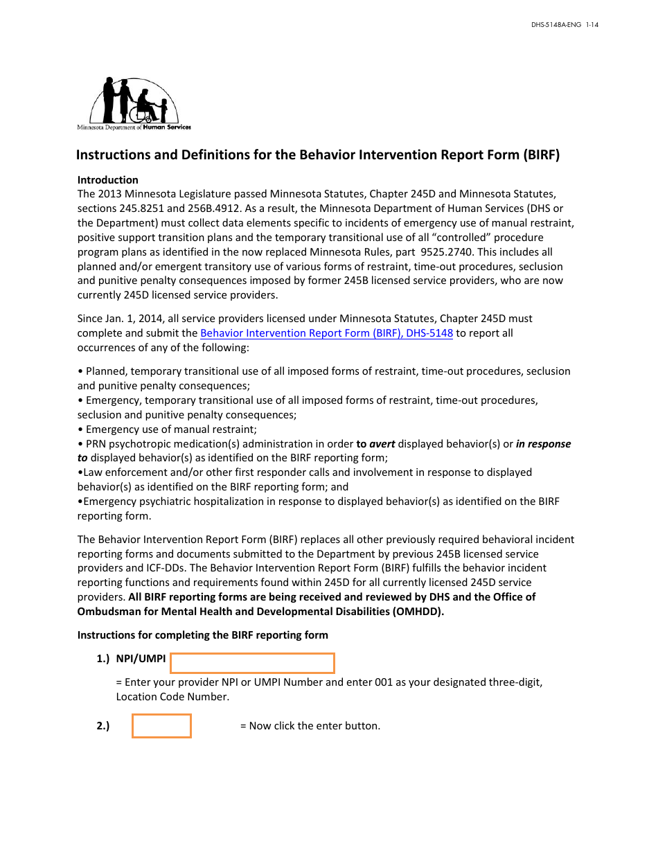 Instructions for Form DHS-5148-ENG Behavior Intervention Reporting Form (Birf) - Minnesota, Page 1