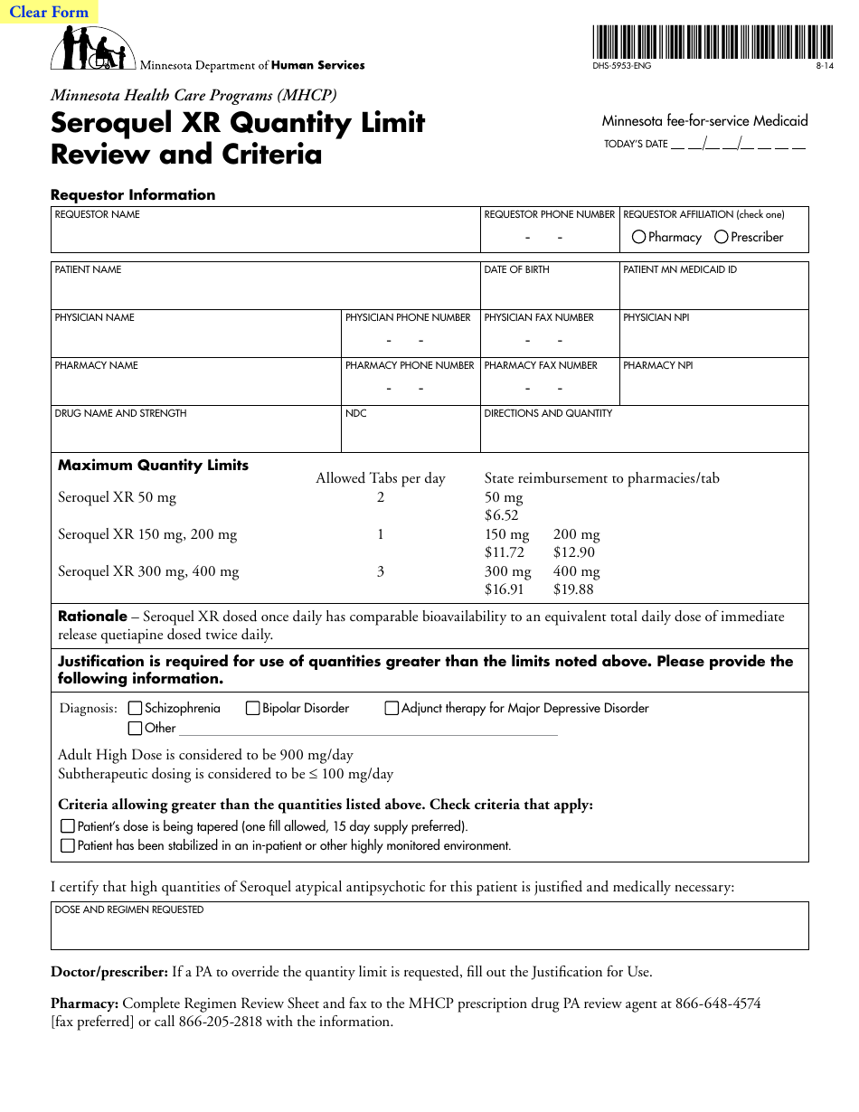 Form DHS-5953-ENG Seroquel Quantity Limit Review and Criteria Sheet - Minnesota, Page 1