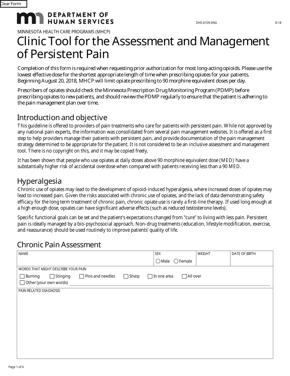 Form DHS-6109-ENG Clinic Tool for the Assessment and Management of Persistent Pain - Minnesota, Page 1