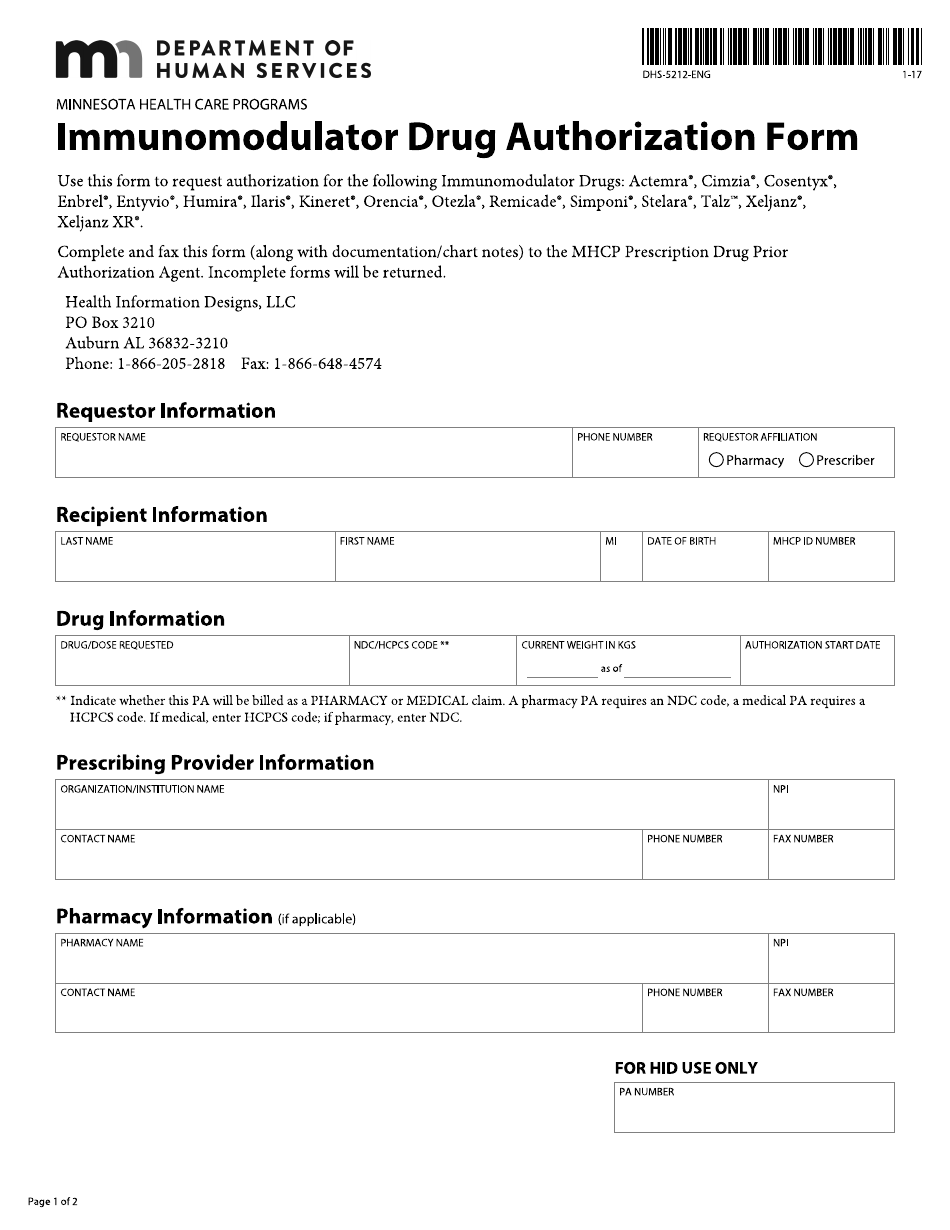 Form DHS-5212-ENG Immunomodulator Drug Authorization Form - Minnesota, Page 1