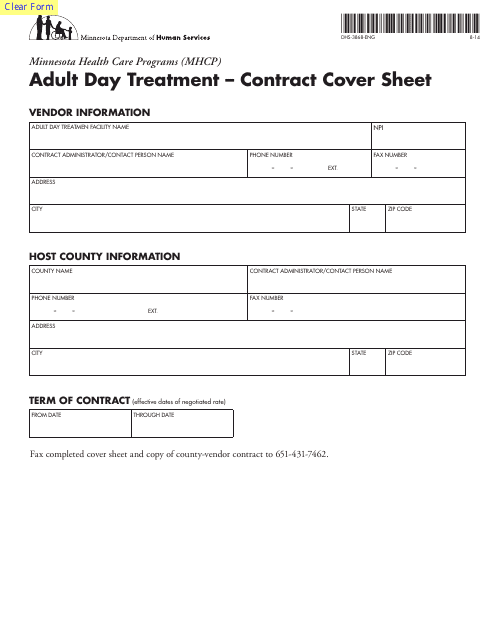 Form DHS-3868-ENG Adult Day Treatment Contract Cover Sheet - Minnesota