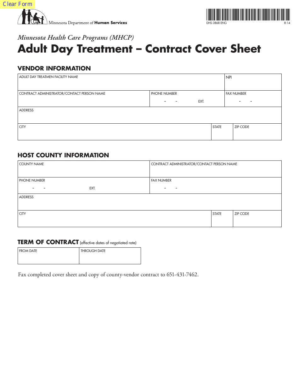 Form DHS-3868-ENG Adult Day Treatment Contract Cover Sheet - Minnesota, Page 1
