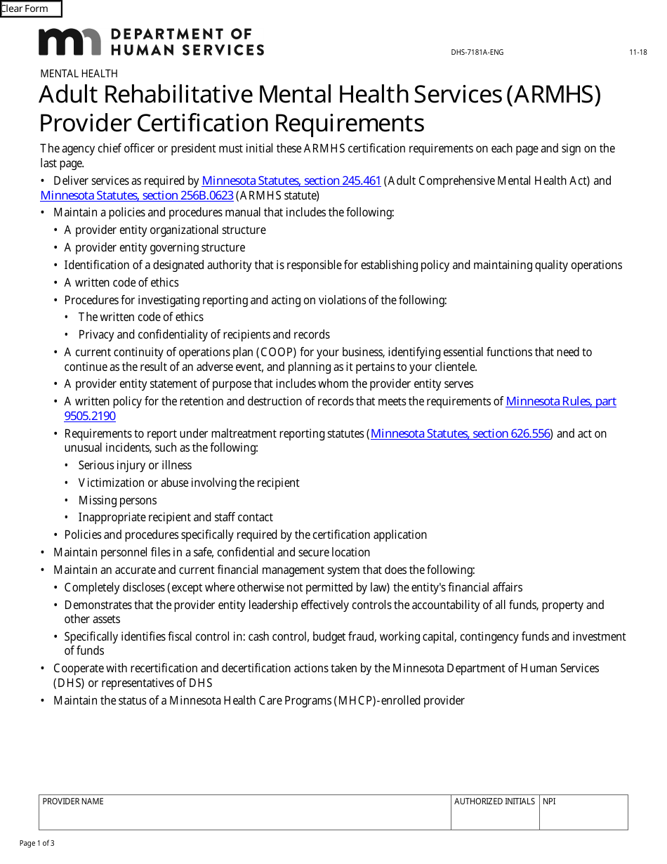 Form DHS-7181A-ENG Adult Rehabilitative Mental Health Services (Armhs) Provider Certification Requirements - Minnesota, Page 1