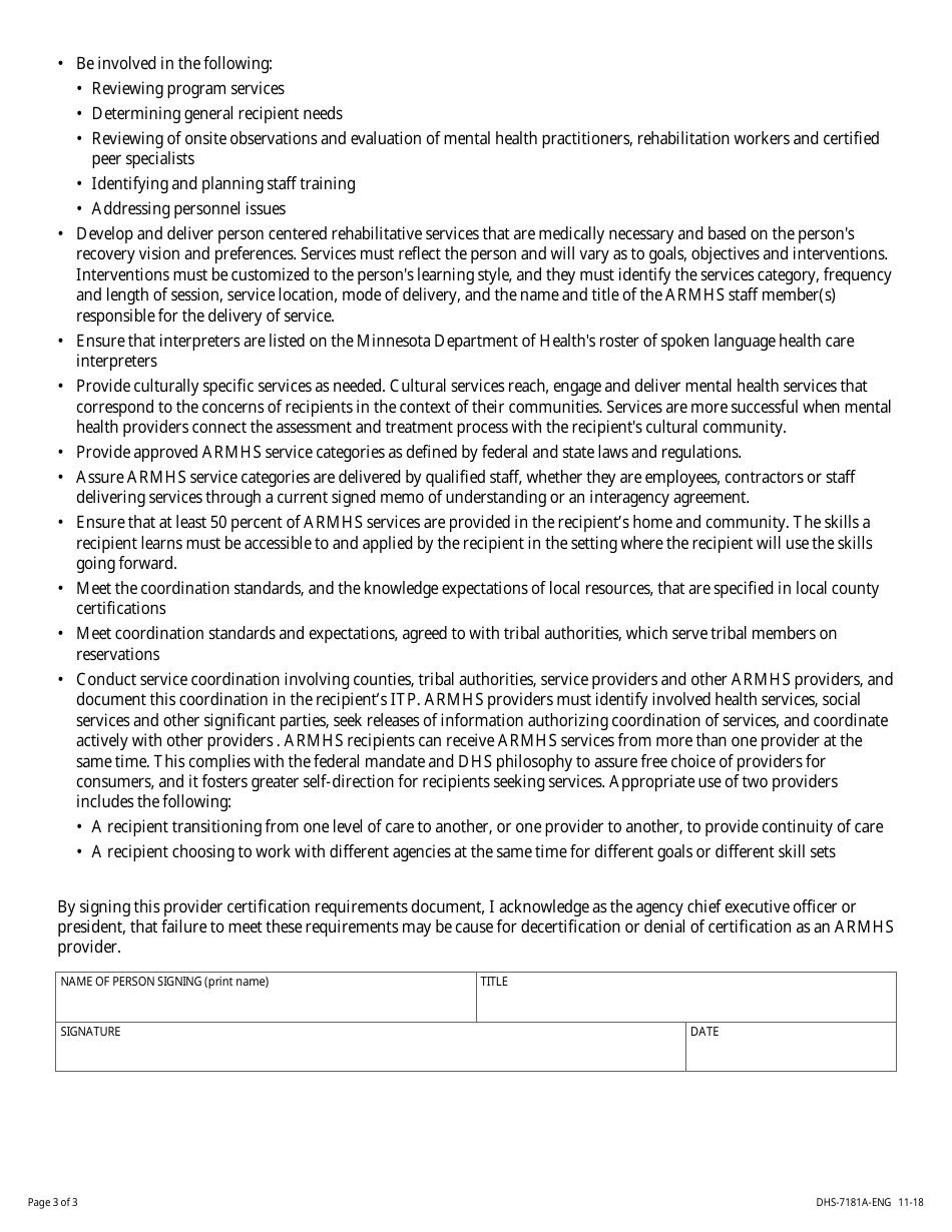 Form DHS-7181A-ENG Adult Rehabilitative Mental Health Services (Armhs) Provider Certification Requirements - Minnesota, Page 3