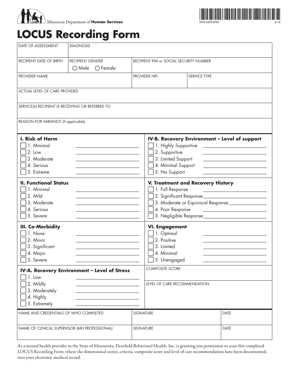 Form DHS-6249-ENG Locus Recording Form - Minnesota, Page 1