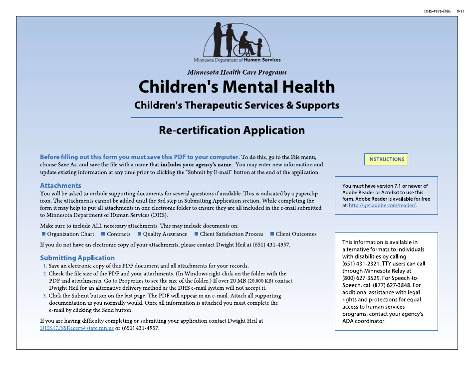 Form DHS-4976-ENG Childrens Therapeutic Services and Supports Community Re-certification Application - Minnesota, Page 1