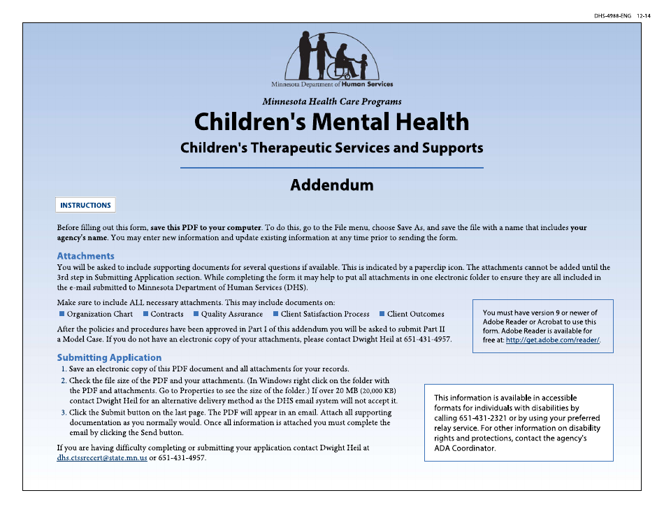 Form DHS-4988-ENG Childrens Therapeutic Services and Supports Addendum - Minnesota, Page 1